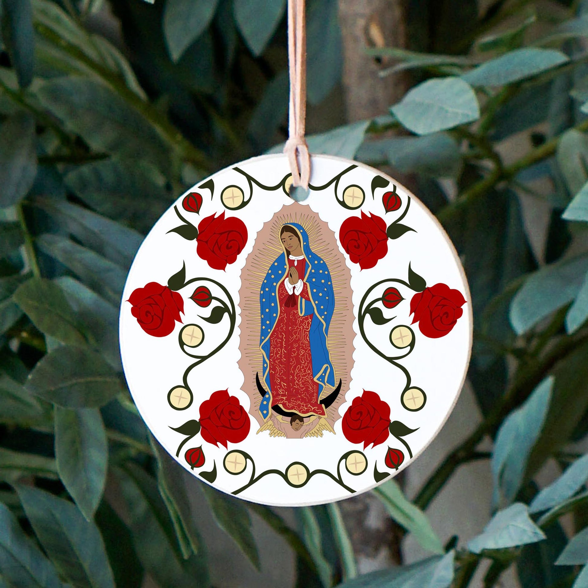 Our Lady of Guadalupe and the Eucharist 4" Round Ornament-2