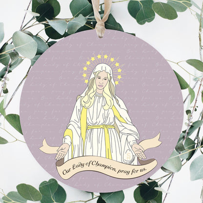 Our Lady of Champion Round 8 inch Hanging Wood Plaque