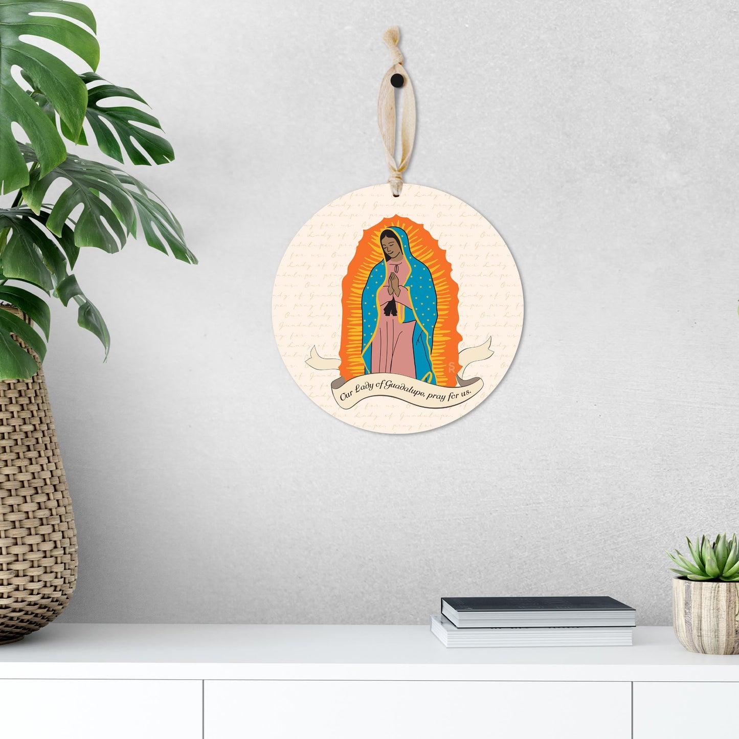 Our Lady of Guadalupe Round 8 inch Hanging Wood Plaque