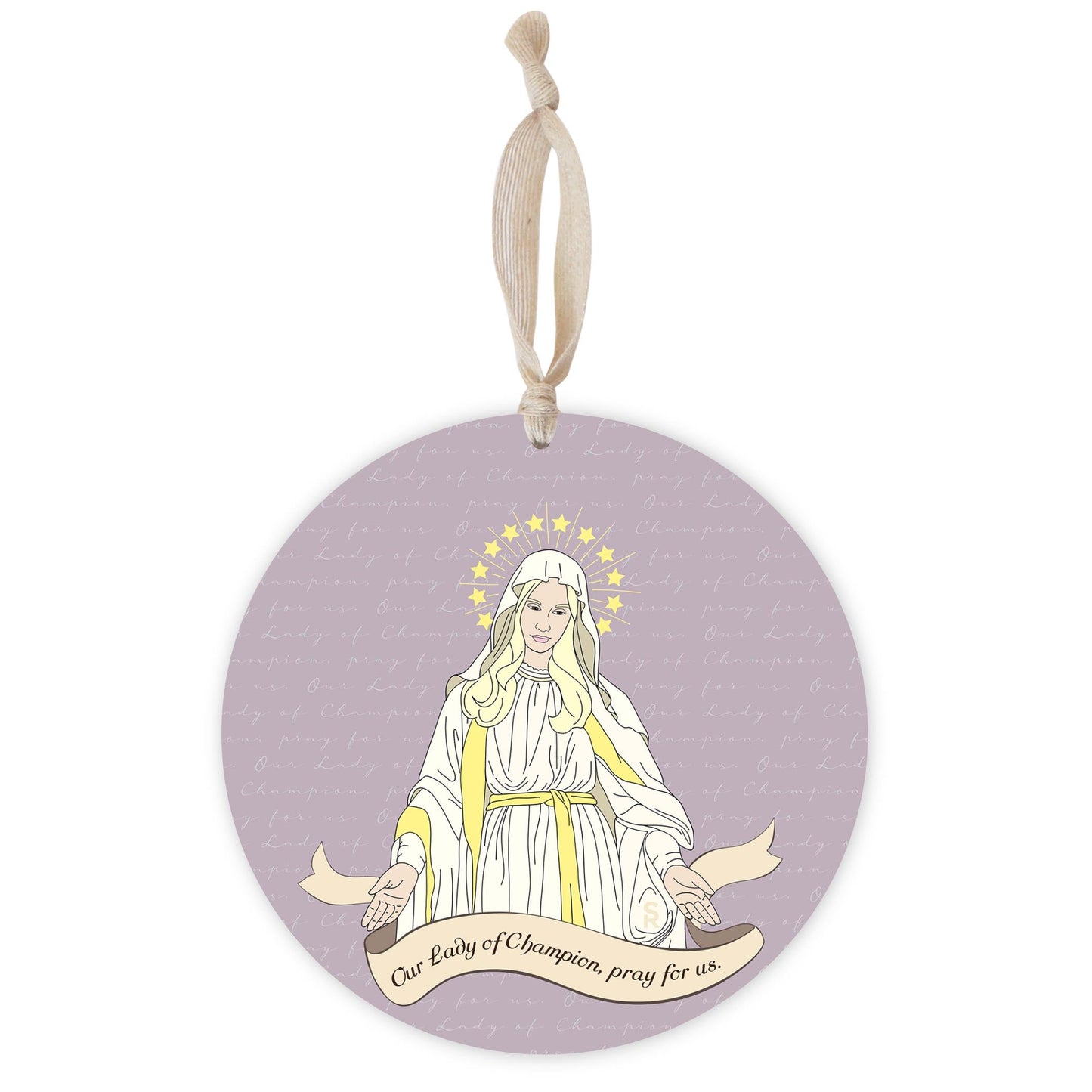 Our Lady of Champion Round 8 inch Hanging Wood Plaque